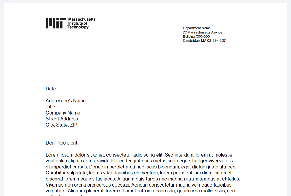 Parent brand letterhead with a black MIT logo and red rule for department use.