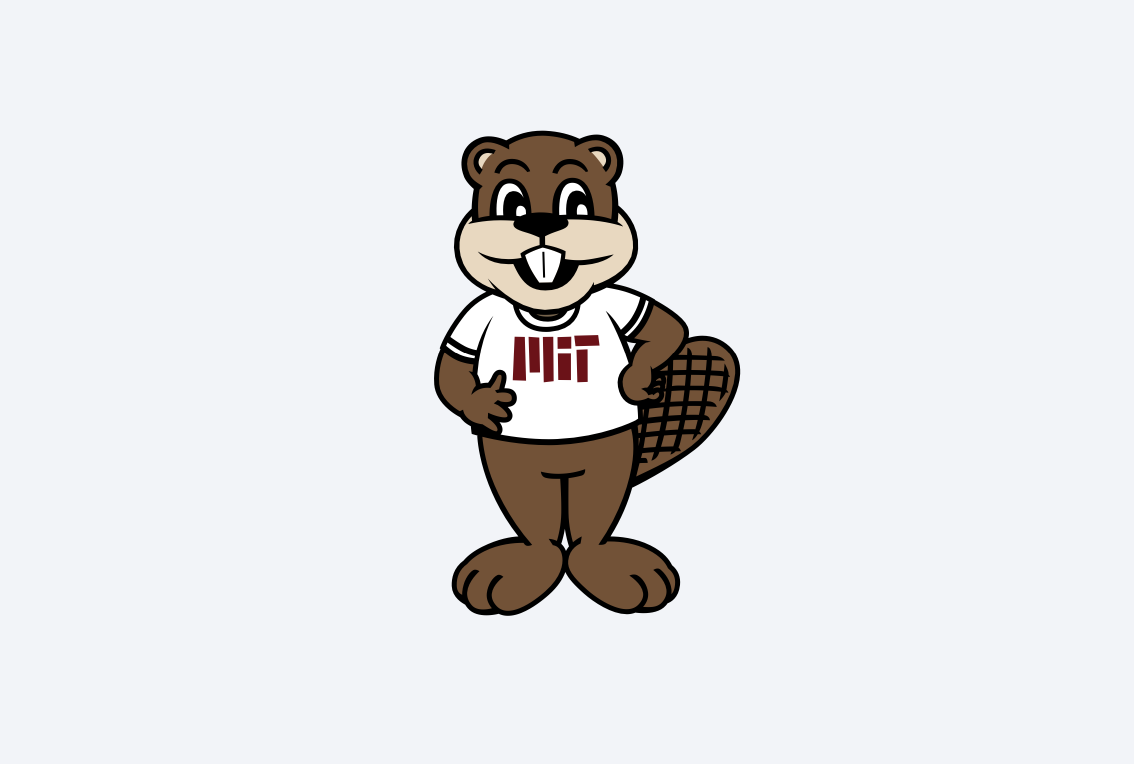 Full body, front view of Tim the Beaver. He's wearing a white shirt with an MIT red logo.
