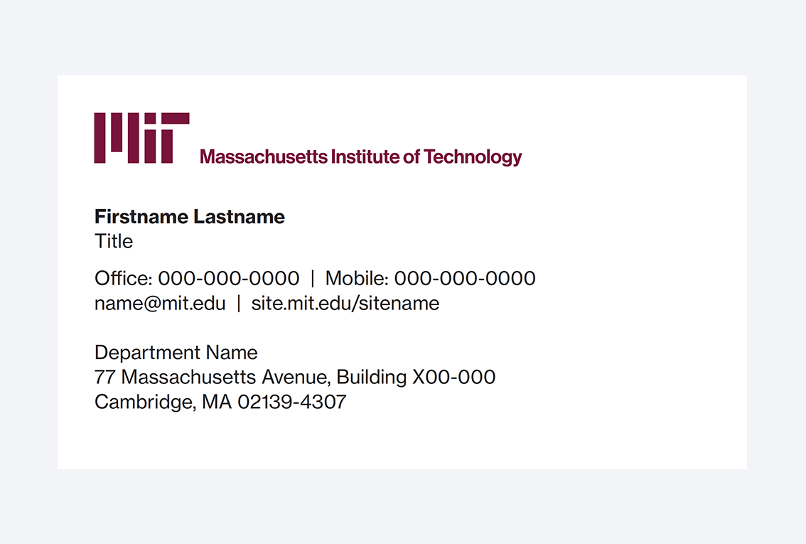 Business card with the MIT logo and full Institute name in MIT red.