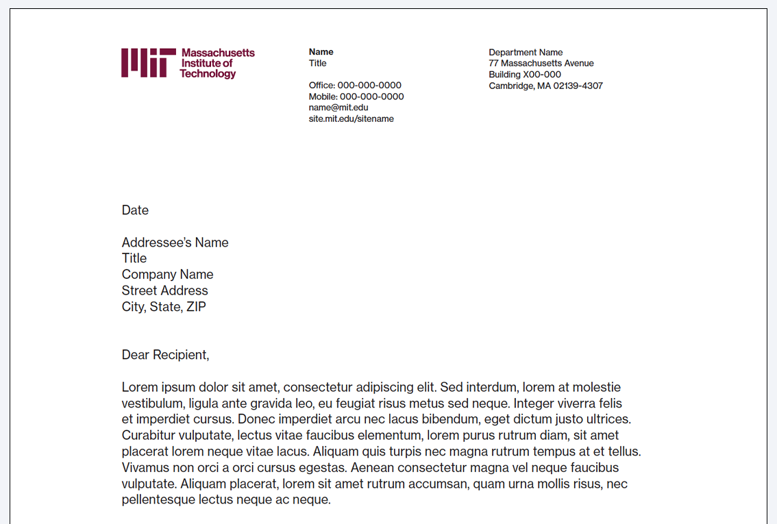 Parent brand letterhead with the MIT logo and full Institute name for individual use.