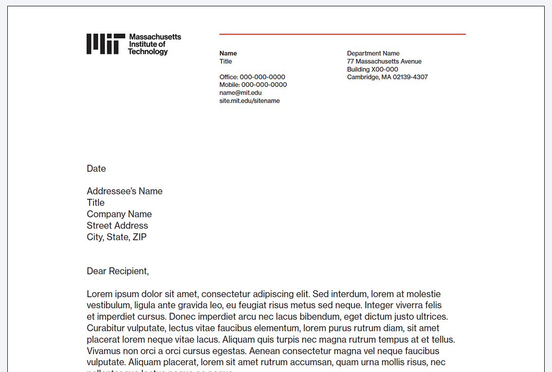 Parent brand letterhead with a black MIT logo and red rule for individual use.