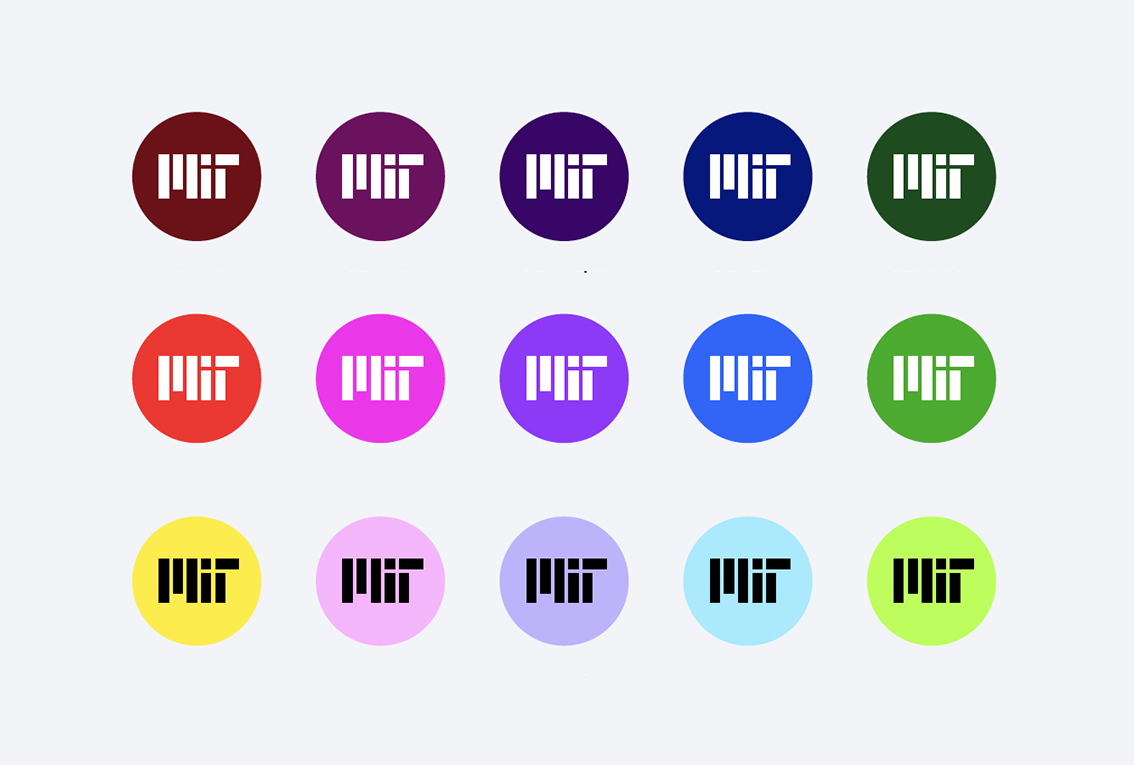 MIT logo social icons in 15 colors. The MIT logo is in either black or white.