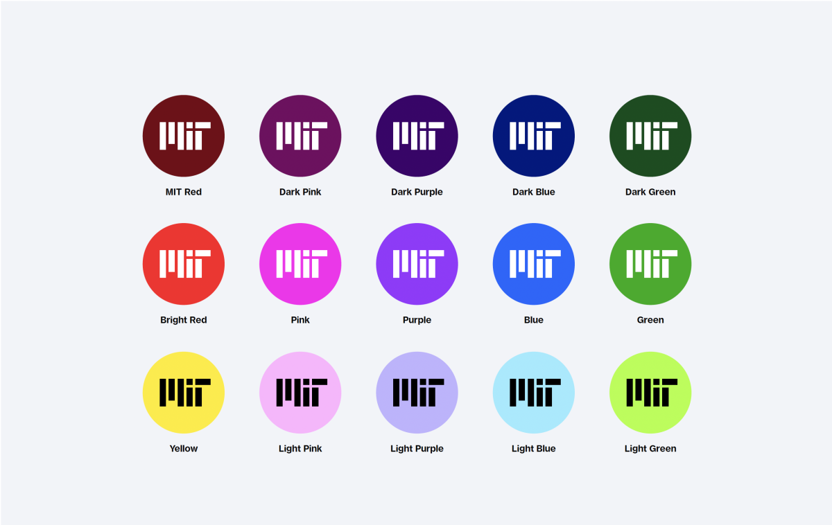 grid of white MIT logo on different colored circular backgrounds 