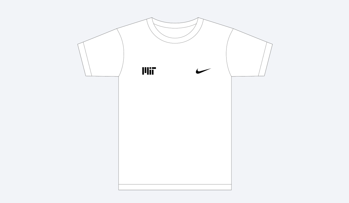 T-shirt example that shows a black MIT logo on the left and a black Nike swoosh on the right.