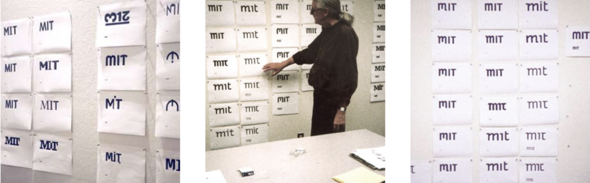 Three photos with printouts of a few dozen design options for the MIT logo, mounted on a wall. Matthew Carter is in the center photo and gestures toward some of the designs.