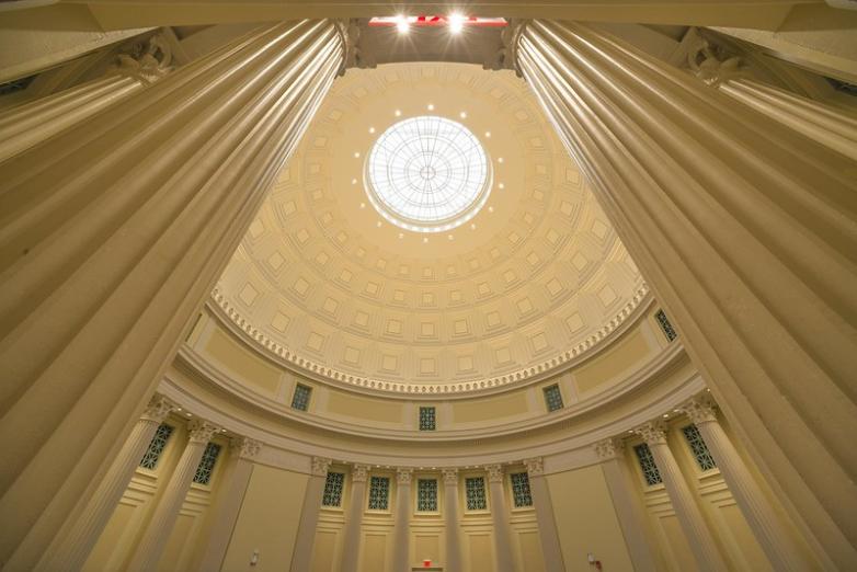 Columns frame a skylight in the Barker Library Reading Room.