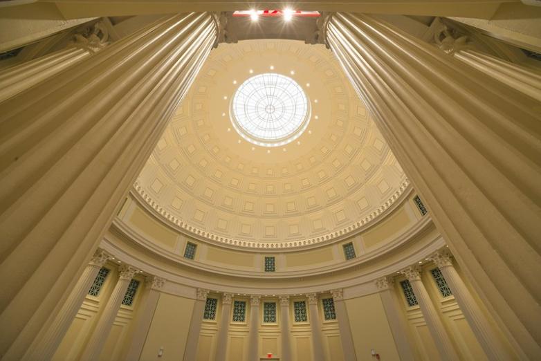 Columns frame a skylight in the Barker Library Reading Room.