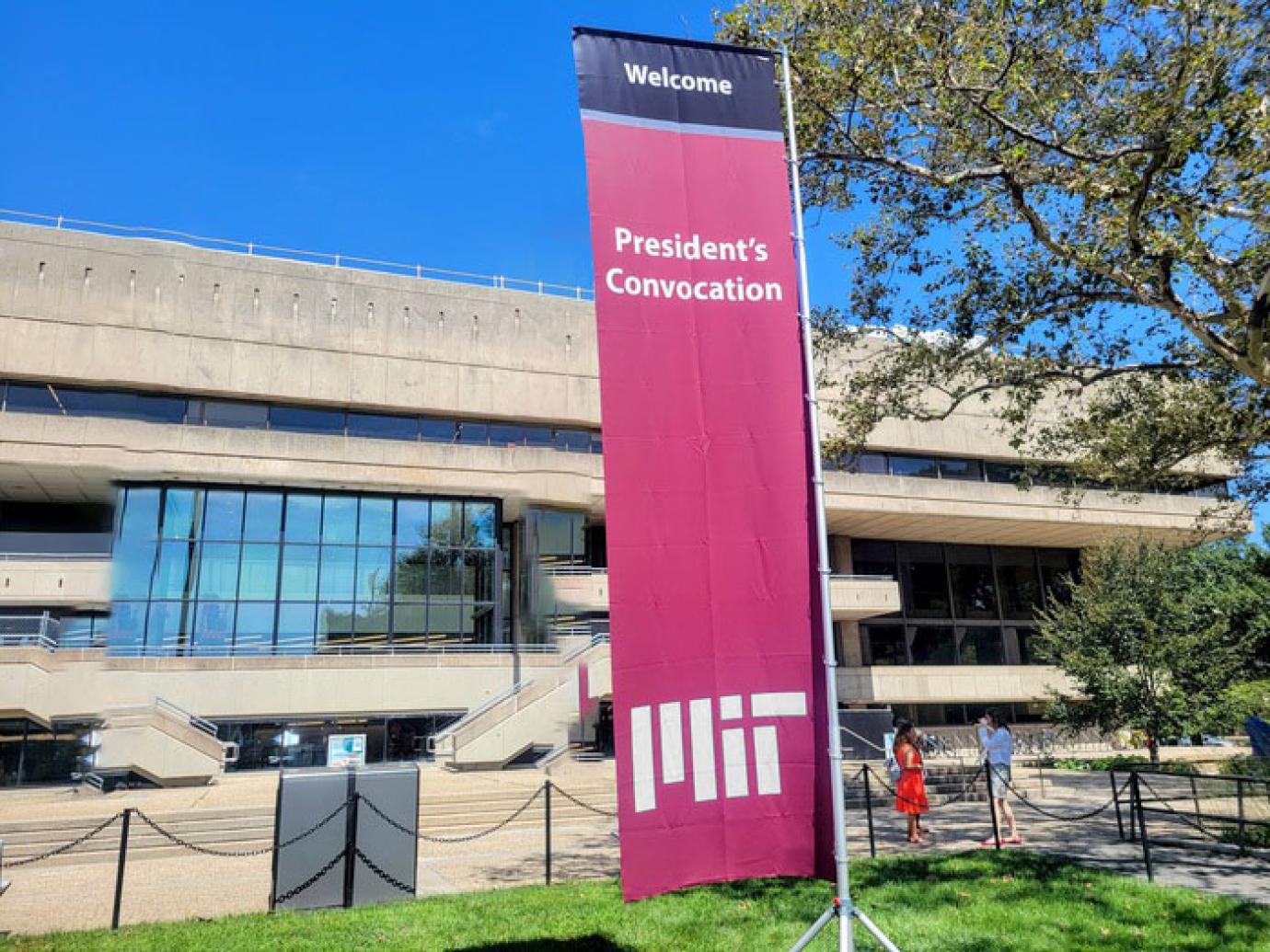 Red banner with a white MIT logo that says Welcome: President's Convocation.