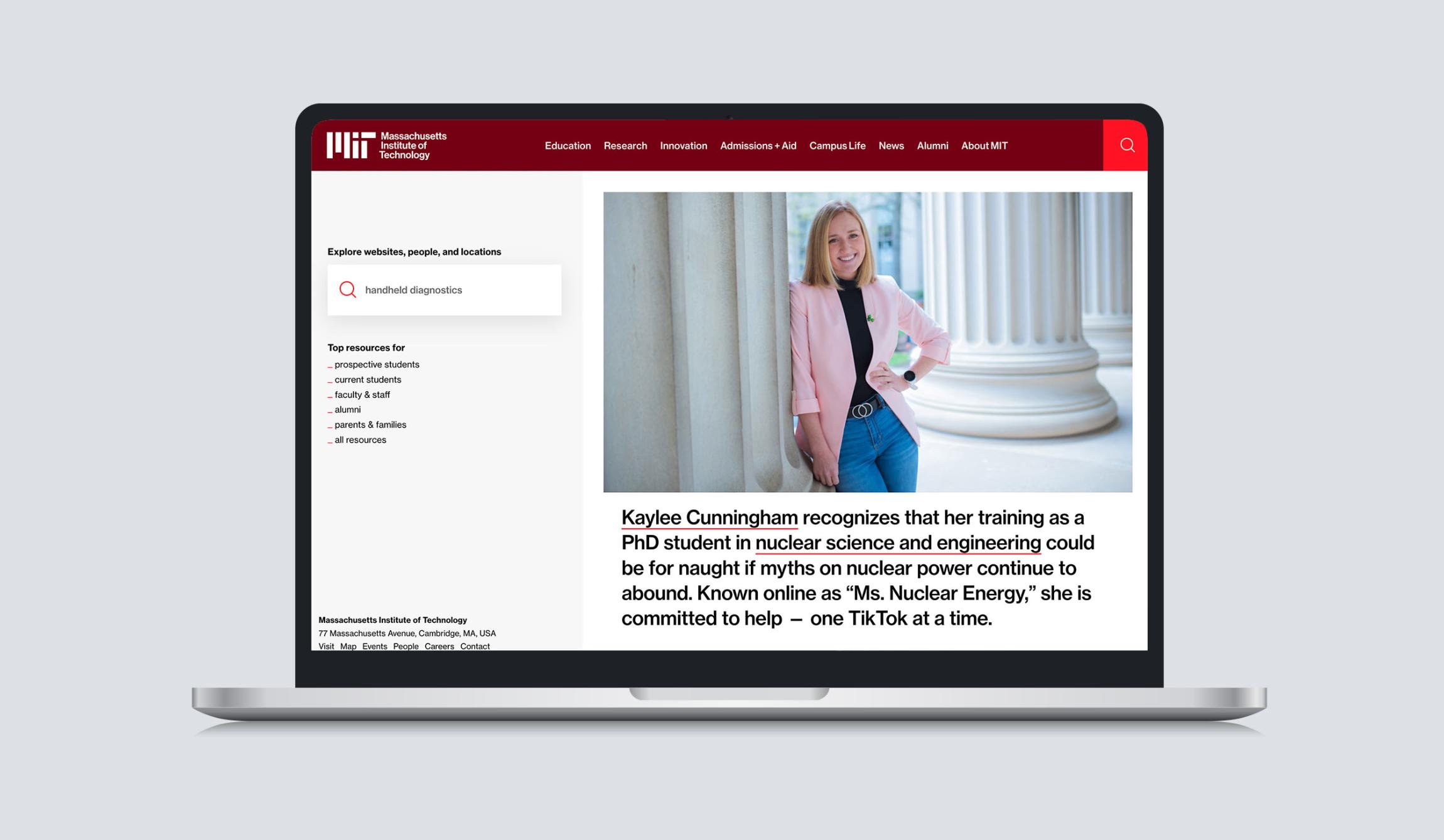 Screenshot of the MIT homepage. The MIT logo and full name are in white.