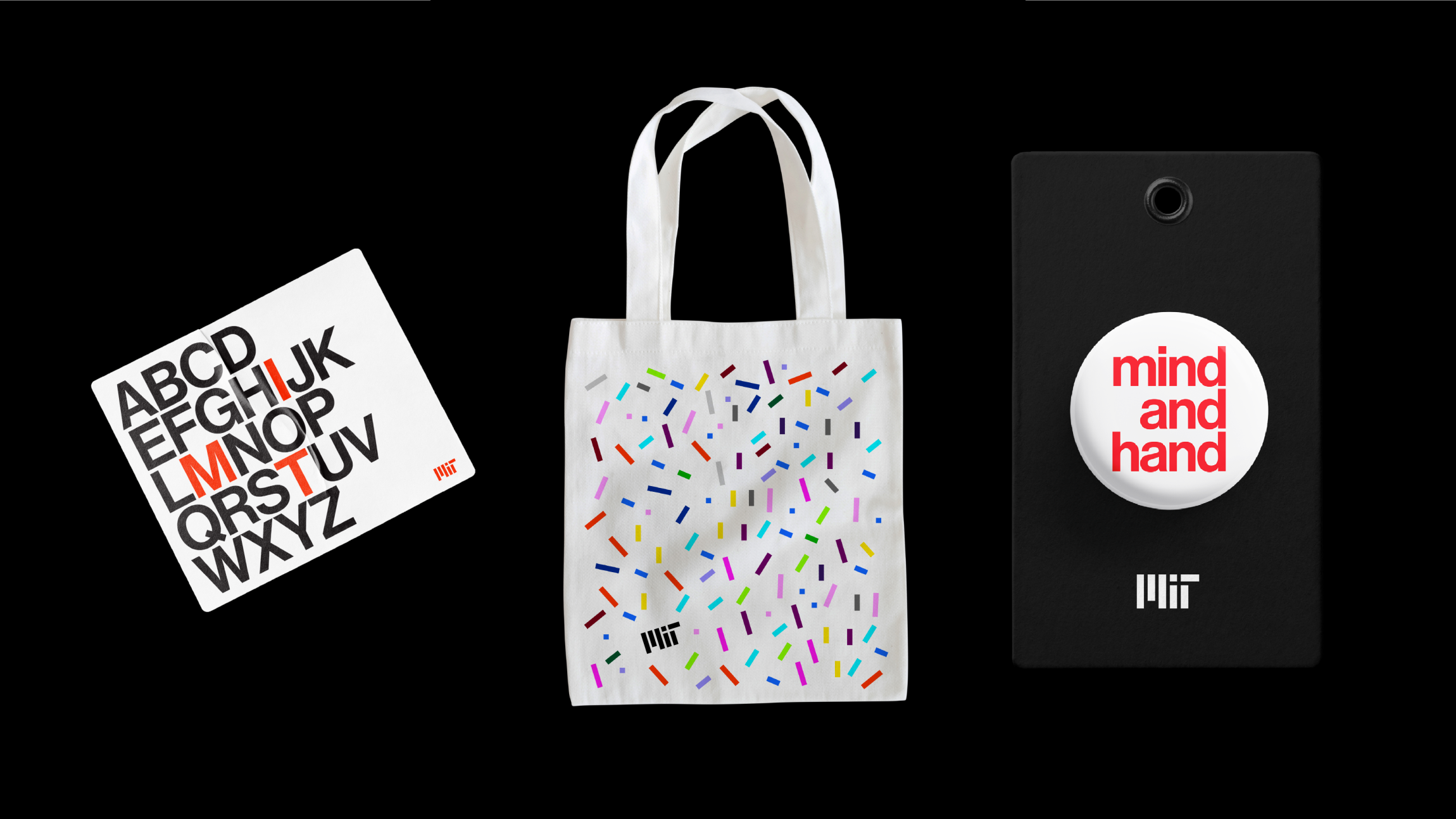 Conceptual designs of a sticker, confetti tote bag, and mind and hand button with the MIT logo and branded design elements.