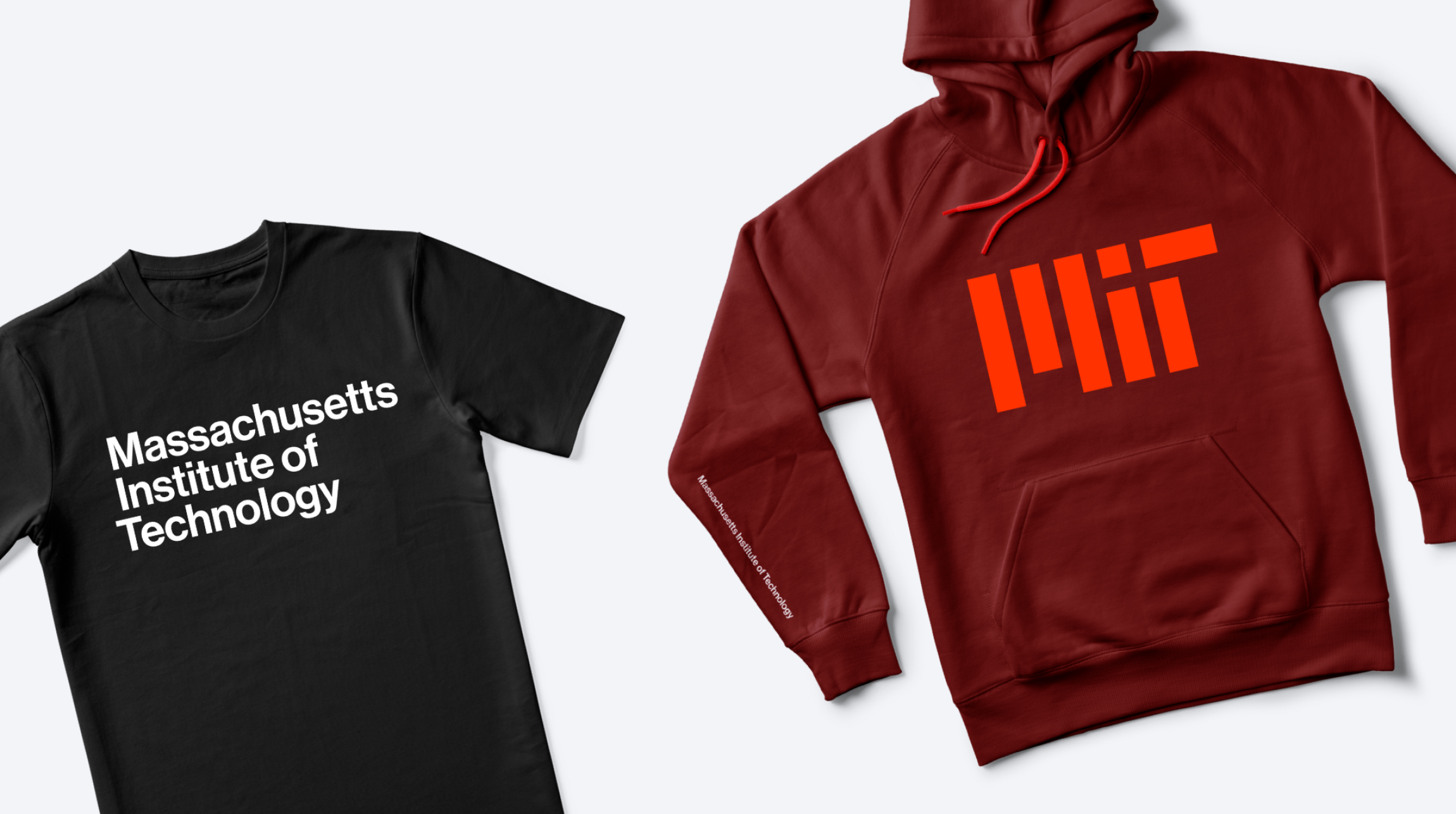Conceptual designs of a black t-shirt that says Massachusetts Institute of Technology in white next to an MIT red hooded sweatshirt with a bright red MIT logo.