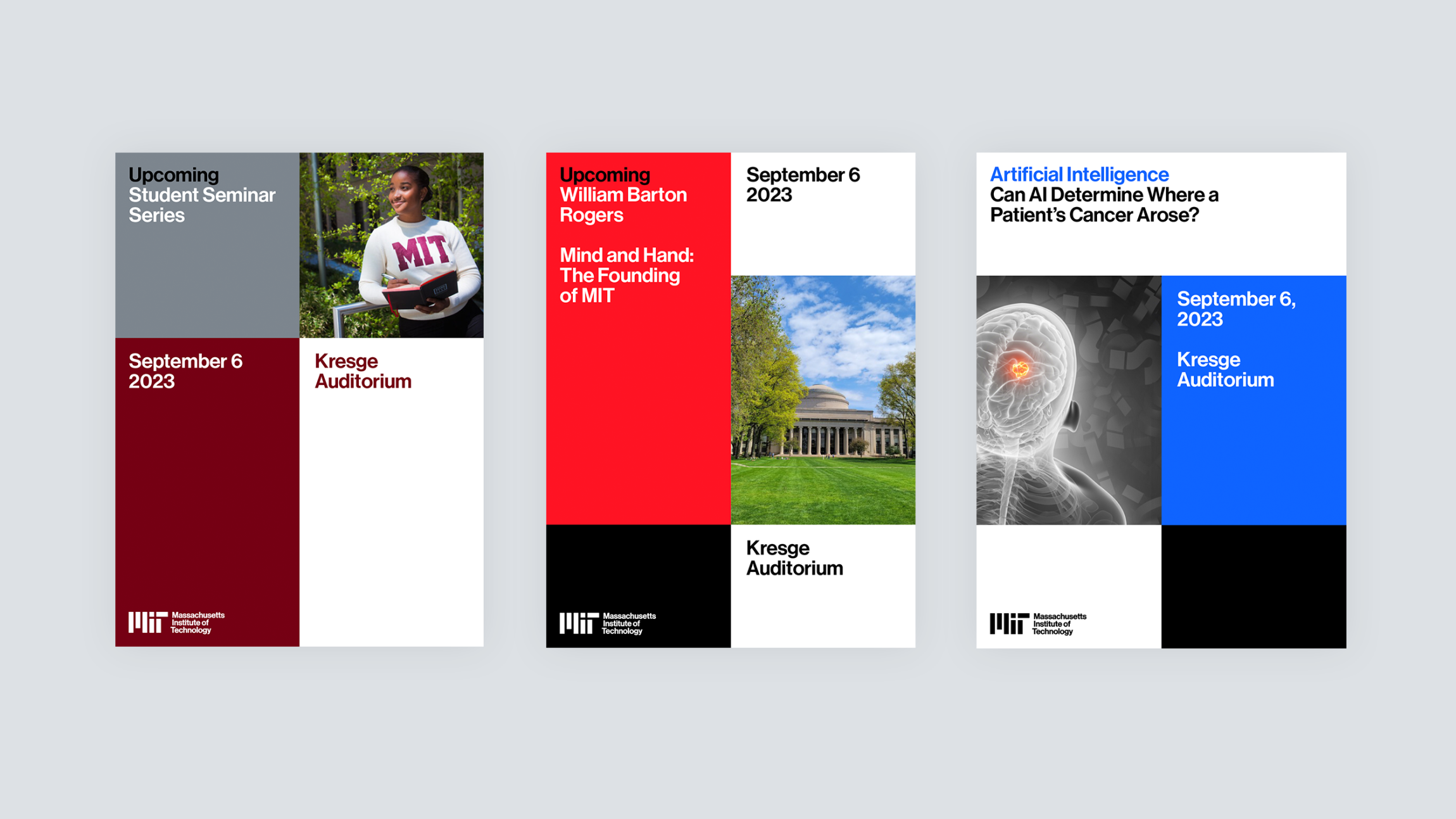 Conceptual design of three event posters that showcase the colors and typography from the MIT brand system.