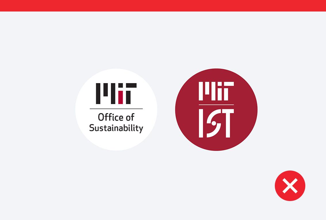 Don't example showing the former master branding and equal focus social media logos, which have the MIT logo, a horizontal divider line, and text or a department's logo below.