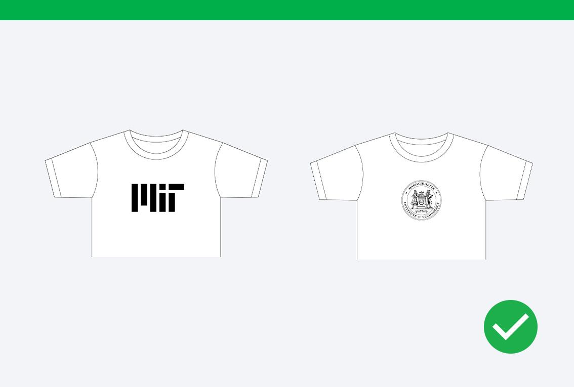 Do example showing the MIT logo and the MIT seal placed on separate white t-shirts.