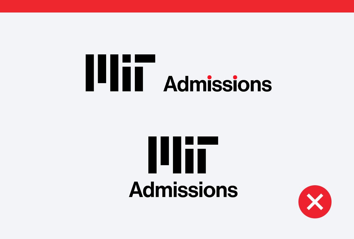 Don't examples showing the Admissions sub-brand logo with color applied to the text and with Admissions under the MIT logo.