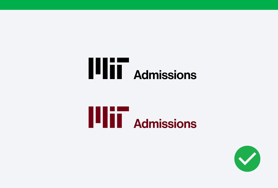Do examples showing the Admissions sub-brand logo in black and in MIT red.