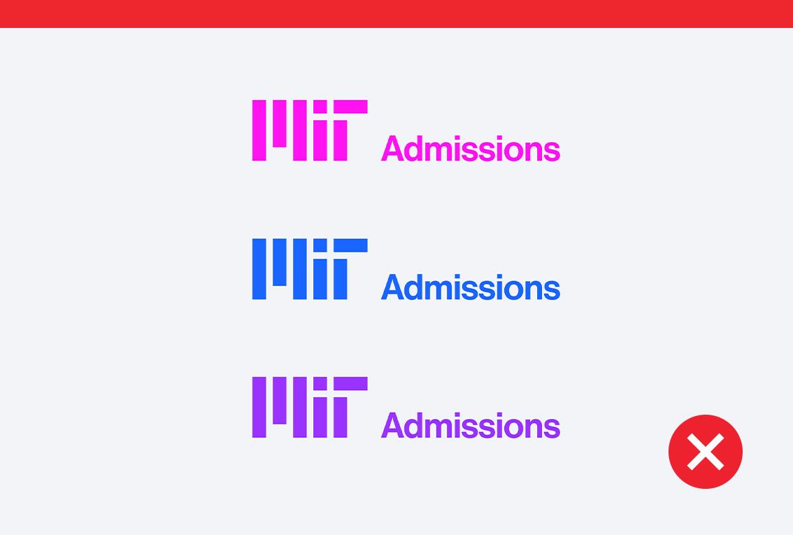 Don't examples showing the Admissions sub-brand logo in pink, blue, and purple.