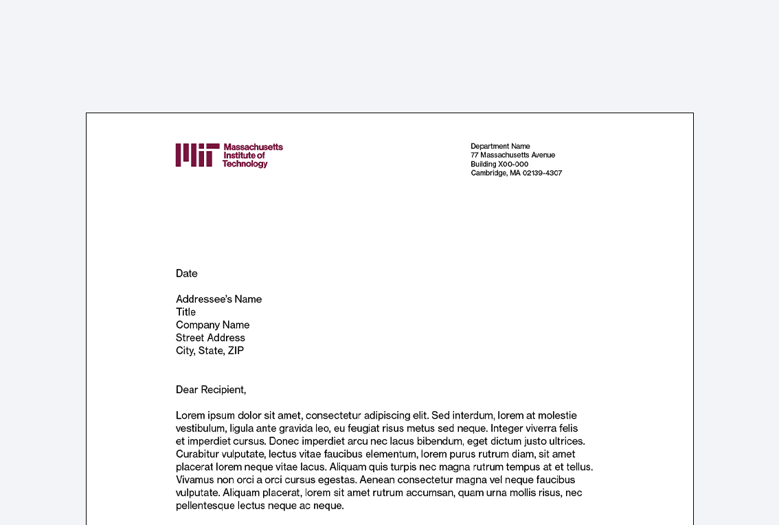 Parent brand letterhead with the MIT logo and full Institute name for department use.