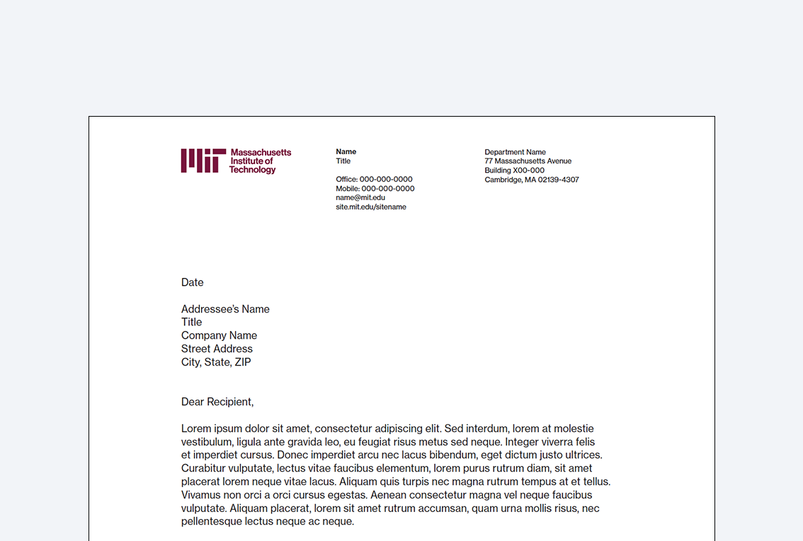 Parent brand letterhead with the MIT logo and full Institute name for individual use.