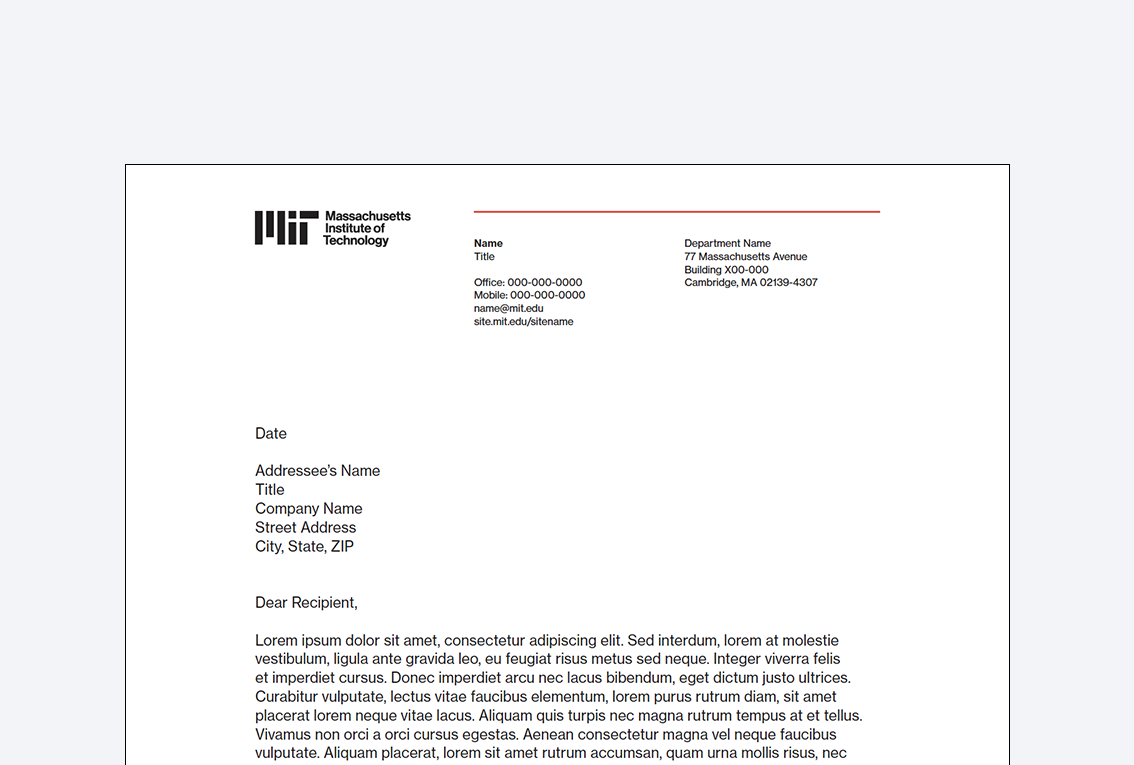 Parent brand letterhead with a black MIT logo and red rule for individual use.