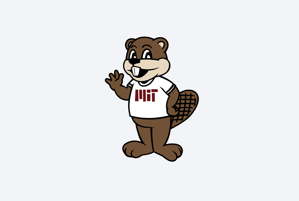 Full body, three-quarter view of Tim the Beaver. He's wearing a white shirt with an MIT red logo. His body is slightly turned to the side, and he's waving with his right hand.