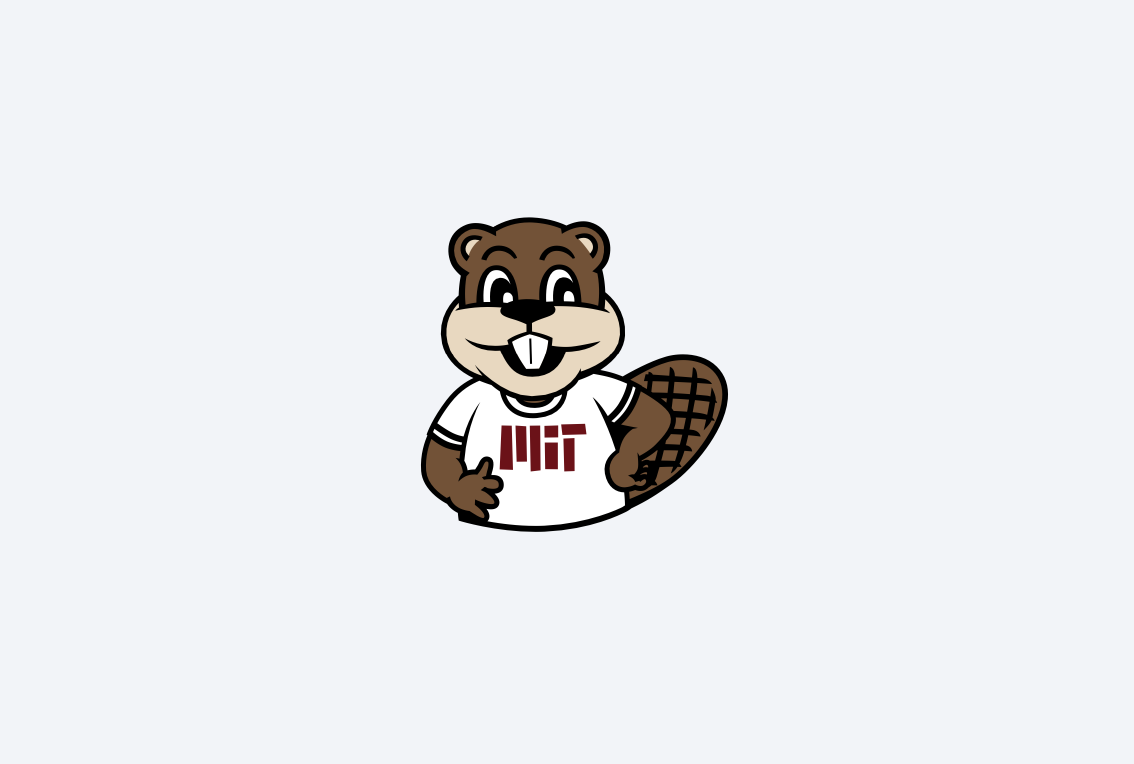 Half-body, front view of Tim the Beaver. He's wearing a white shirt with an MIT red logo.