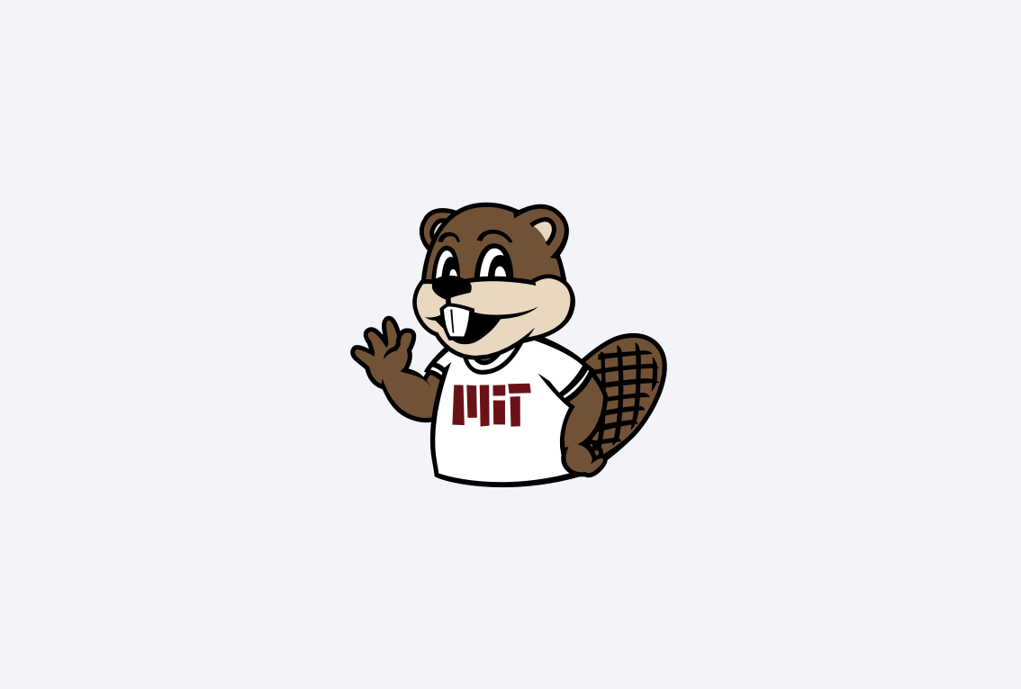 Half-body, three-quarter view of Tim the Beaver. He's wearing a white shirt with an MIT red logo. His body is slightly turned to the side, and he's waving with his right hand.
