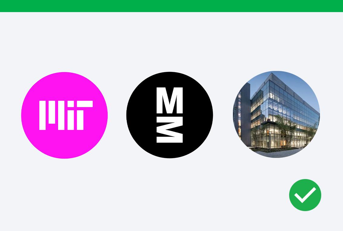 Three social media icon options: the white MIT logo on a pink background, the MIT Museum's logo, and a photograph of the MIT.nano building.