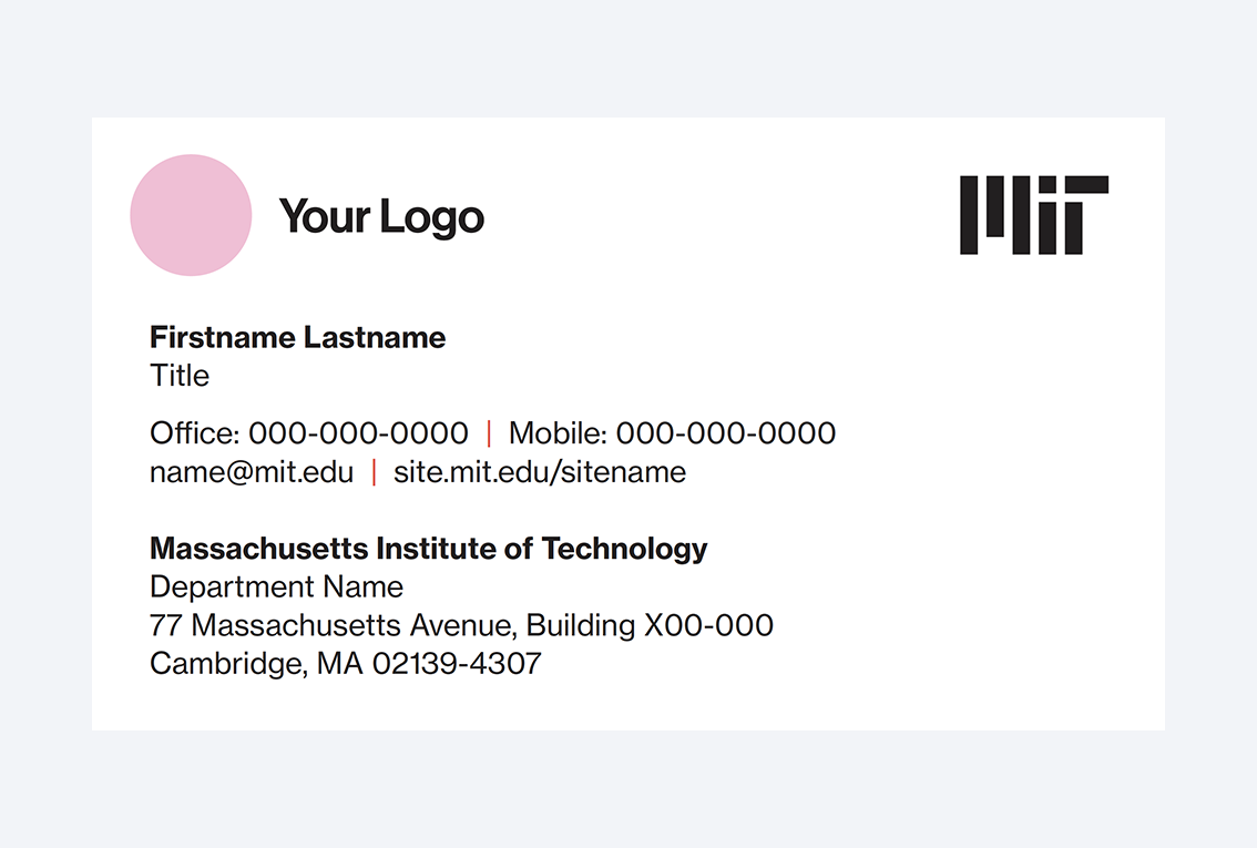 Business card showing a sample department's logo and the MIT logo in black.