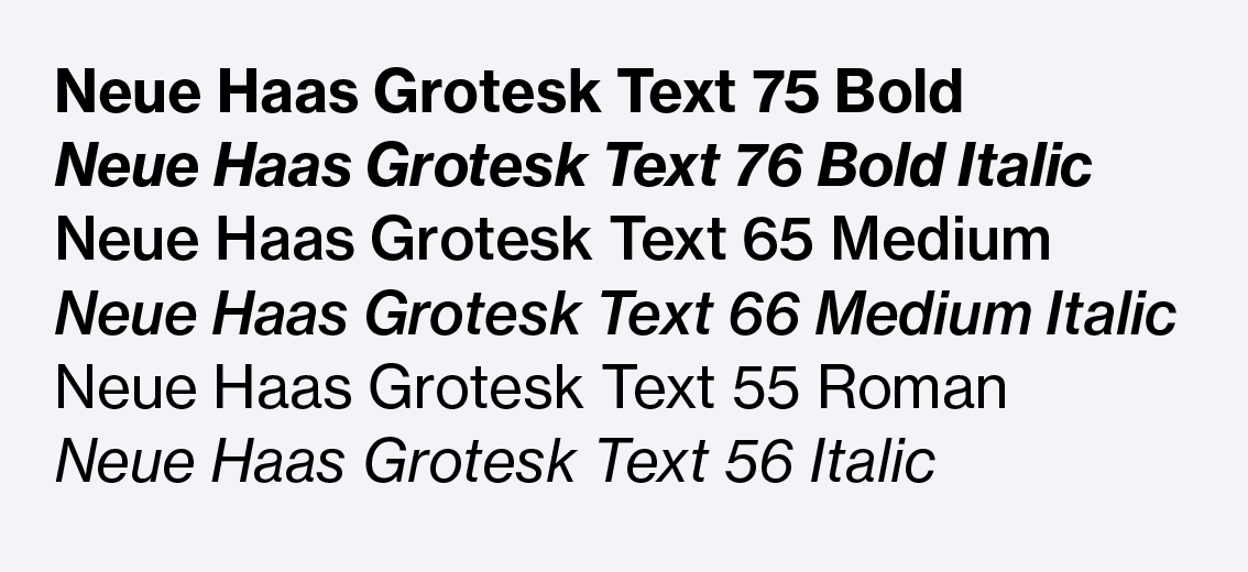 Neue Haas Grotesk Text font examples in six different styles.